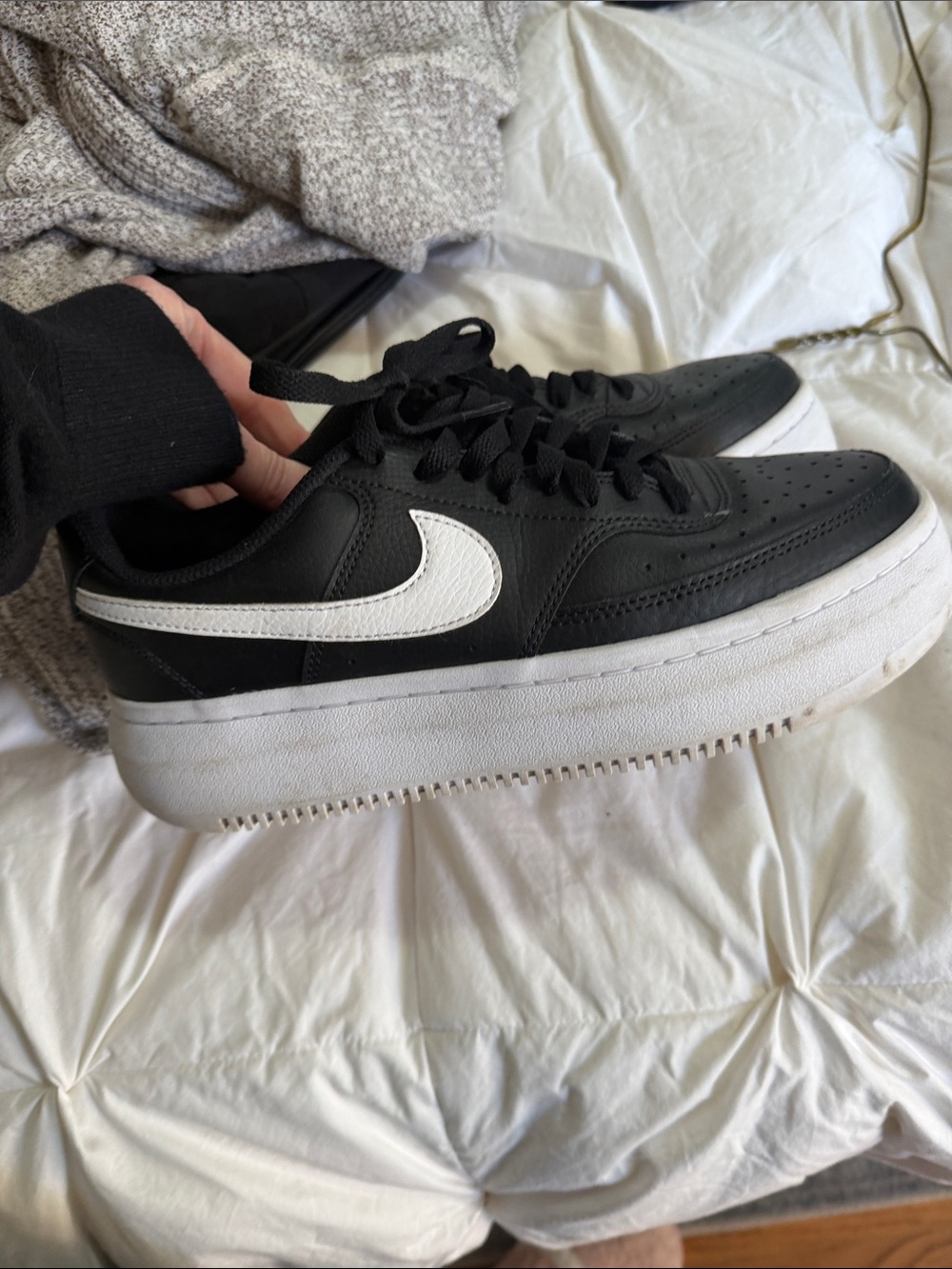 Nike Women’s Black Sneakers with White Swoosh and Platform Sole
